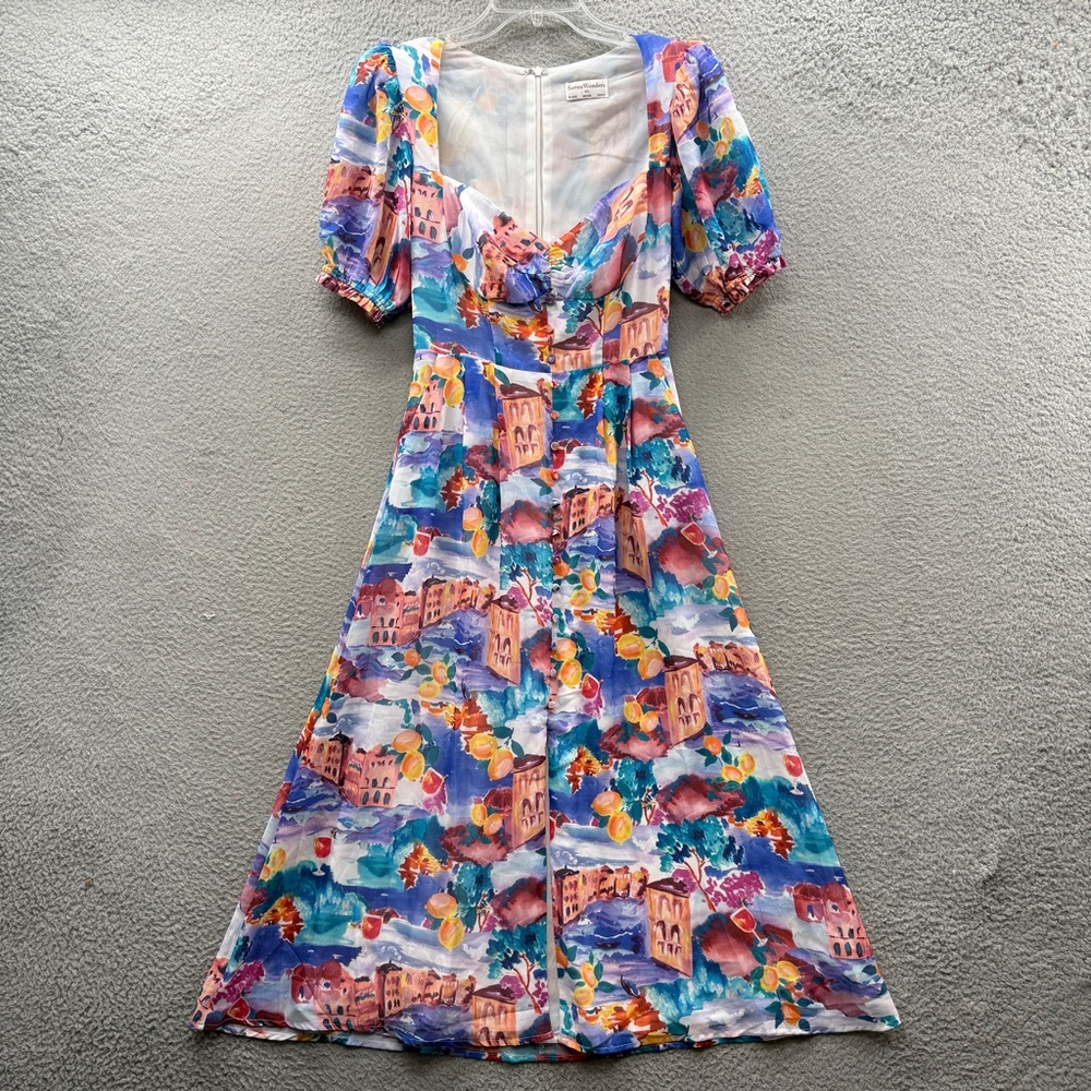 Seven Wonders Sweetheart Neck Puff Sleeve Blue Peach Print Midi Dress Size XS